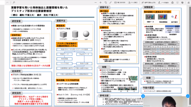 野口 達矢, 藤井 浩光: “深層学習を用いた物体抽出と距離情報を用いた面検出によるプリミティブ形状の位置姿勢推定”, 日本機械学会ロボティクス・メカトロニクス講演会’20講演論文集(ROBOMECH2020), 2P1-A09, 金沢, May 2020. 野口 達矢, 藤井 浩光: “深層学習を用いた物体抽出と距離情報を用いた面検出によるプリミティブ形状の位置姿勢推定”